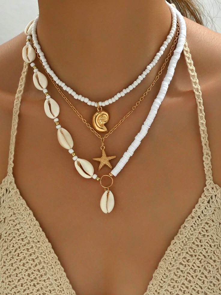 3pcs Bohemian Beach Resort Style Starfish, Shell and Conch Multilayer Necklace for women