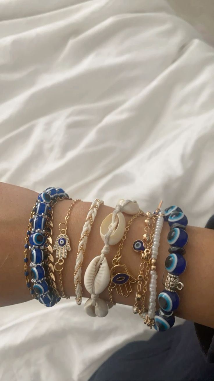 Evil Eye Beaded Bracelet Stack with one Shell Bracelet