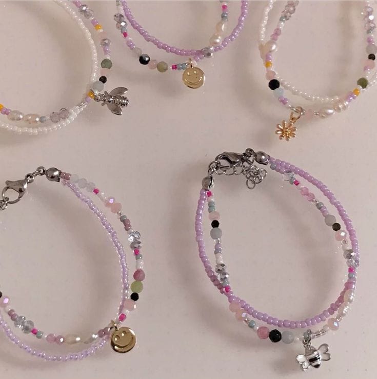 5pcs Lilac Beaded Charmed Bracelets