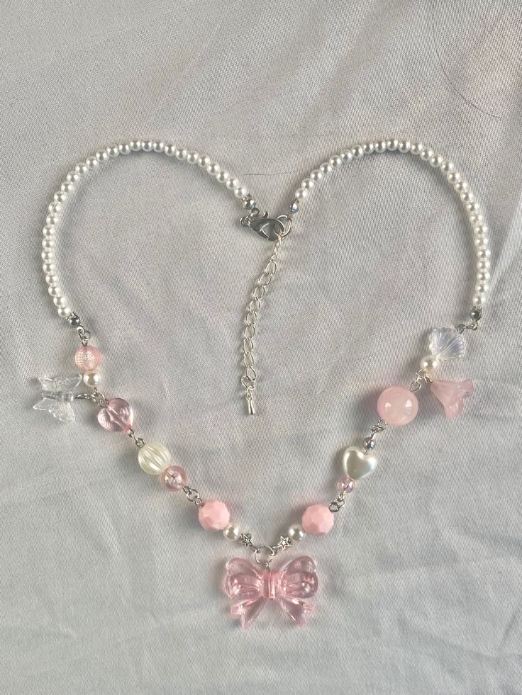 Pink Little Bow, Pearly Beaded Neckpeice