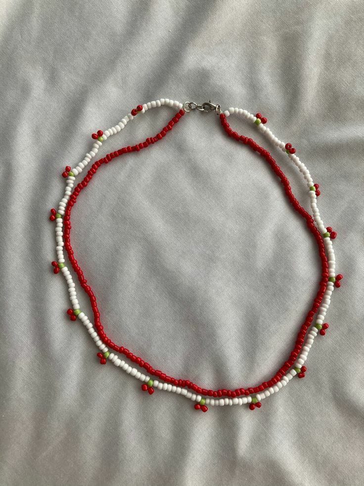 White And Red beaded Cherry Bloom Double Layer Neckpiece