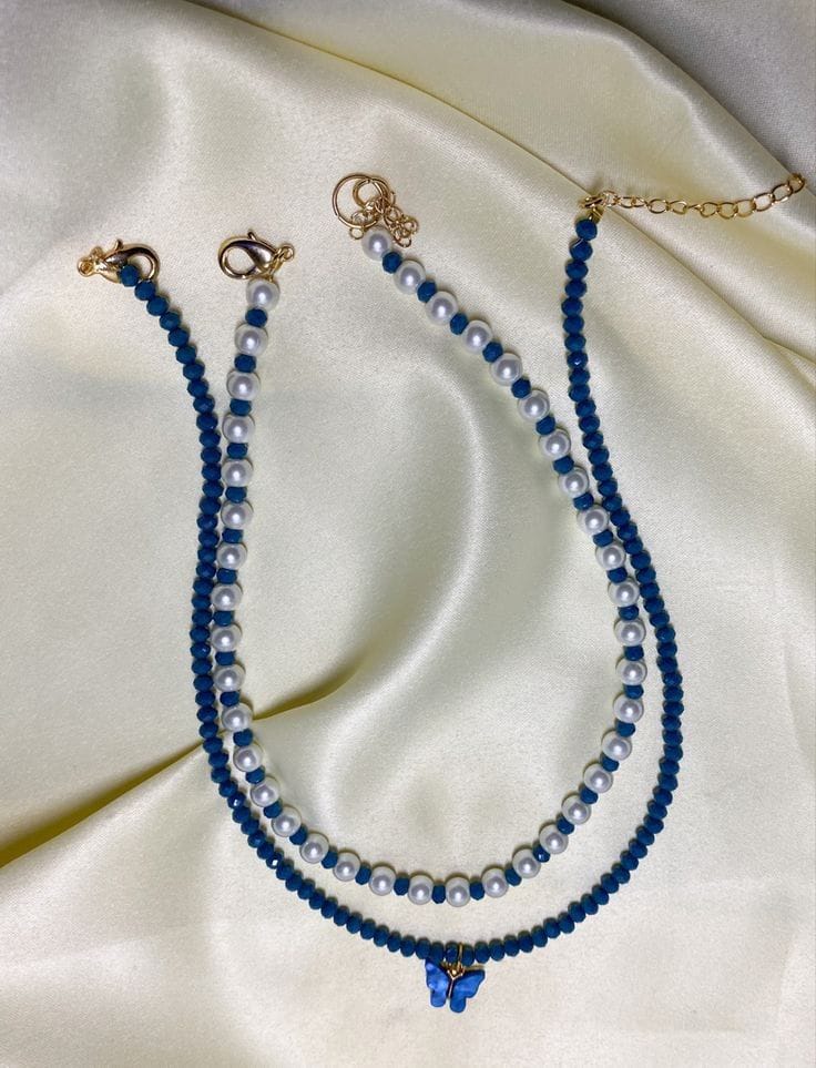Deep Sea Blue And Blue-White Beaded 2pcs Neck chains